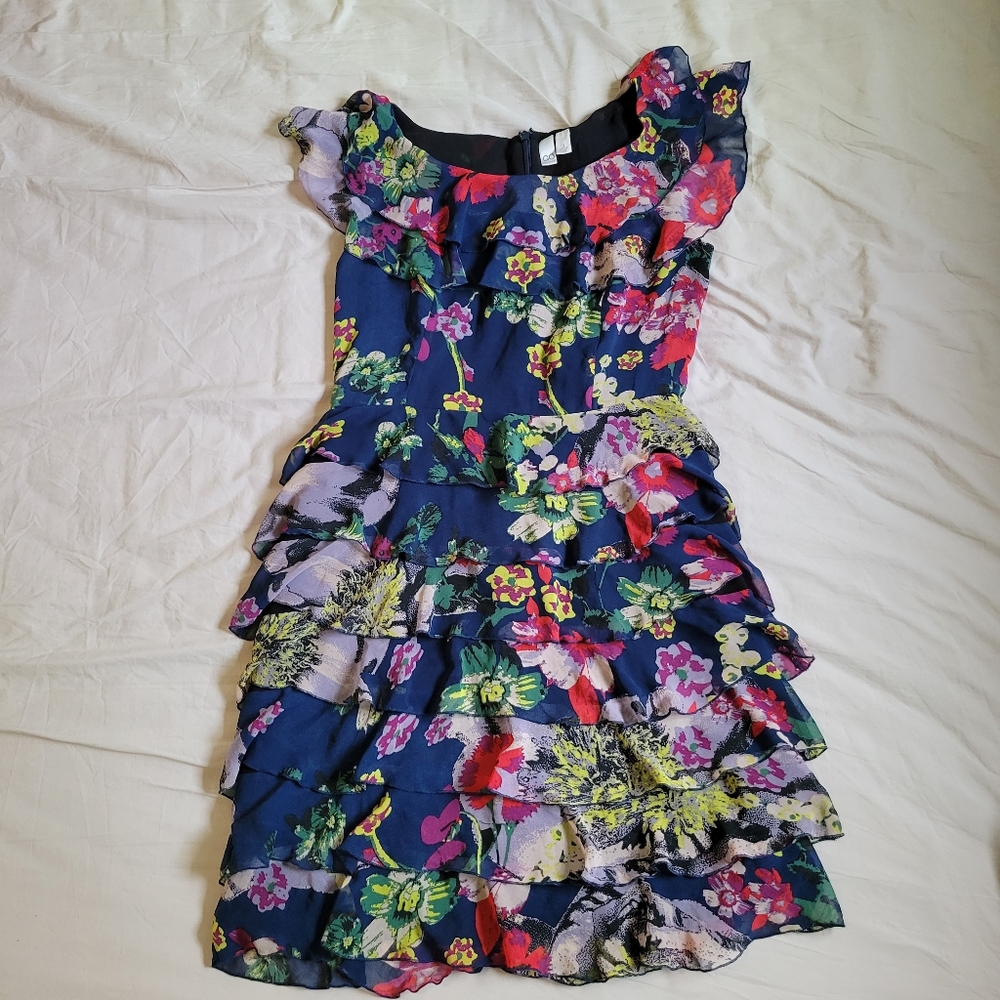 GO International Sz 9 Navy Blue Multi Chiffon Layered Ruffles Lined Poly Dress